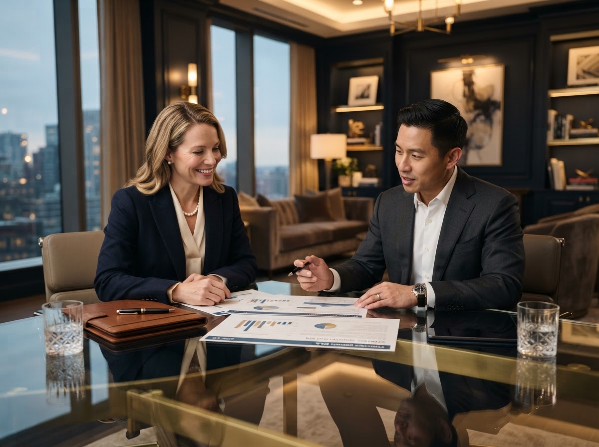 Two professional financial consultants reviewing documents in an elegant office