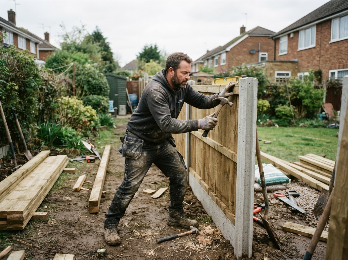 A busy landscaper installing timber fence panels on site, unable to answer the phone