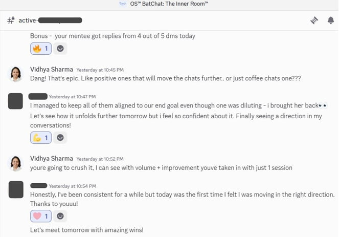 Client chat: Mentee got replies from 4 out of 5 DMs today and moving in the right direction