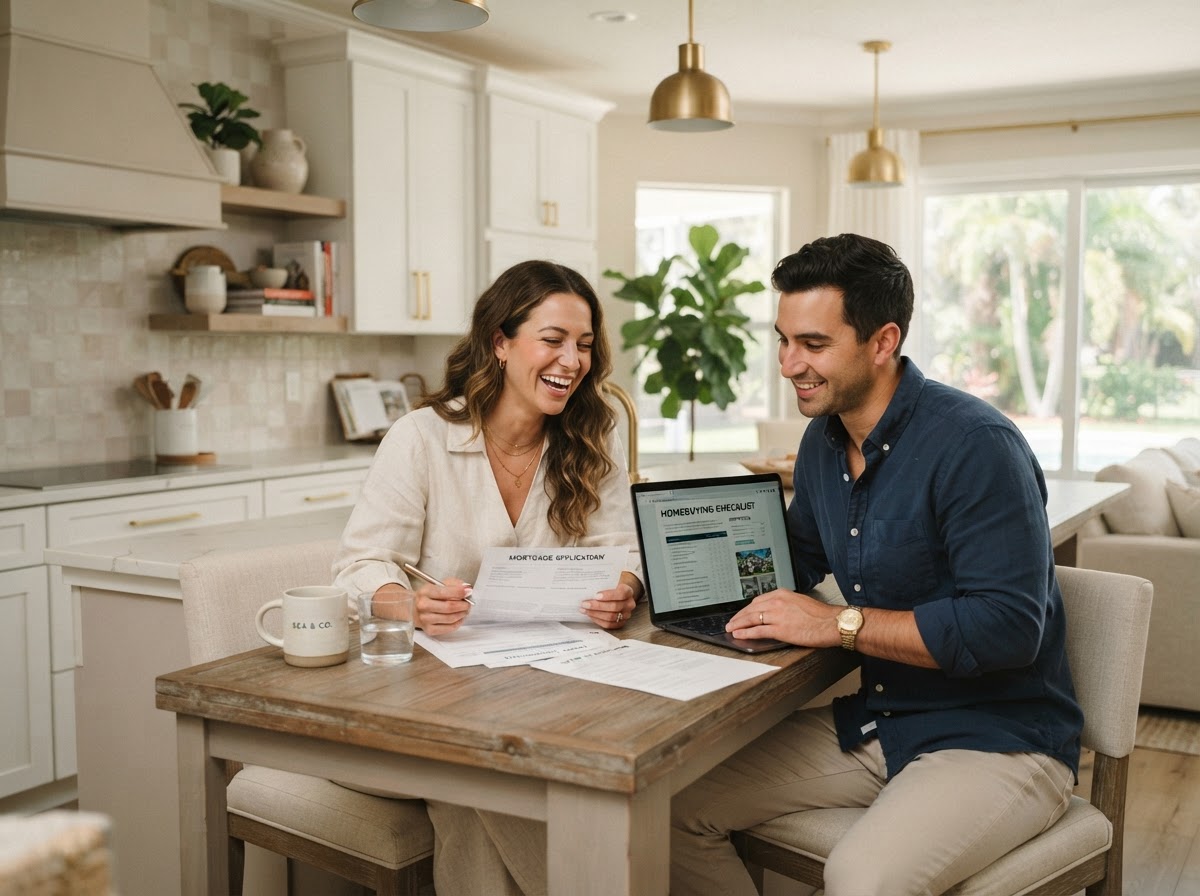 Florida couple reviewing homebuying paperwork together at their kitchen table