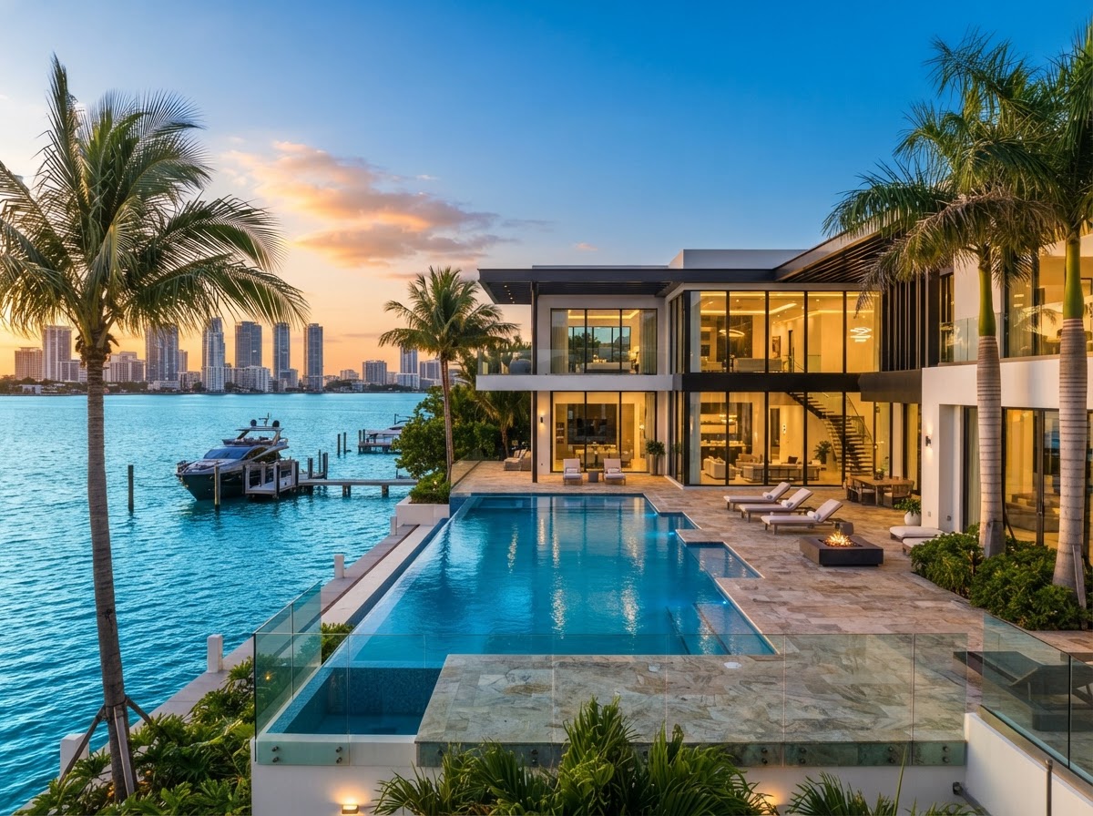 Luxury modern waterfront mansion with infinity pool in Miami, Florida