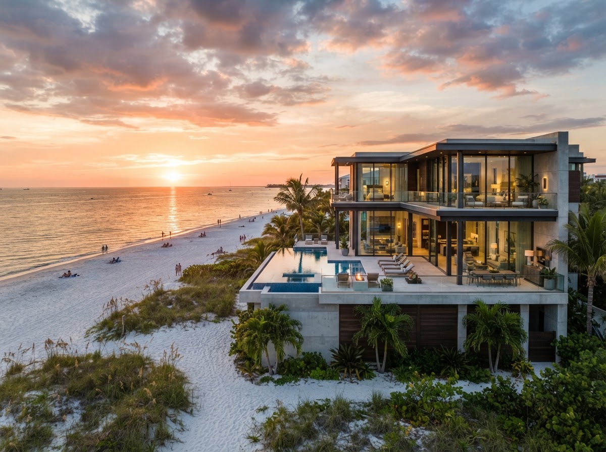 Luxury modern coastal home overlooking Siesta Key white sand beach