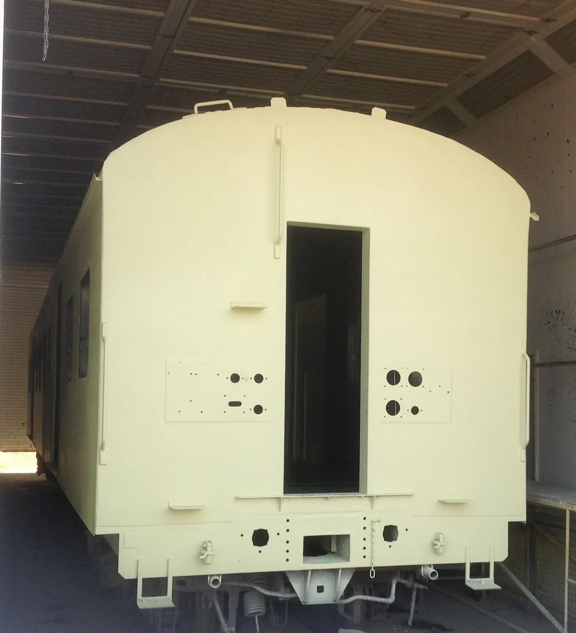 Prepared passenger coach end during body refurbishment