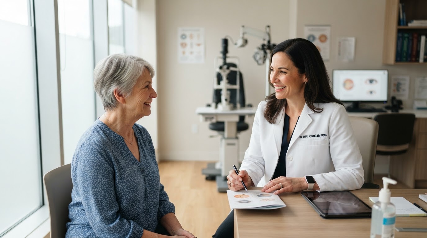 Board-certified ophthalmologist Dr. Boris Ovodenko speaking with a patient during a calm, modern cataract consultation in Estero, FL