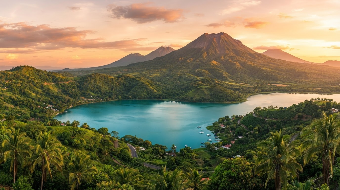 Scenic view of the Santa Ana volcano and Lake Coatepeque at golden hour