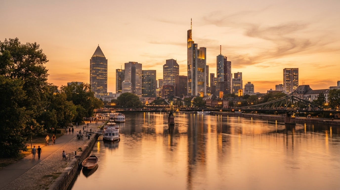 Scenic view of the Frankfurt skyline along the River Main at golden hour