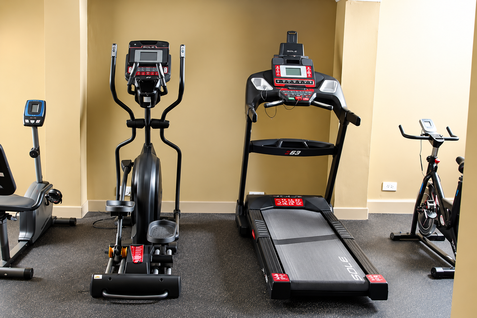 Stafford Lodge on-site fitness equipment including Sole treadmill, elliptical and bikes