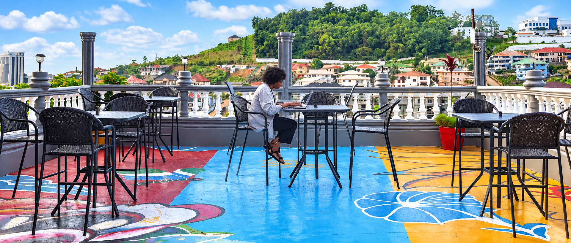 Panoramic scenic rooftop terrace overlooking Freetown mountains