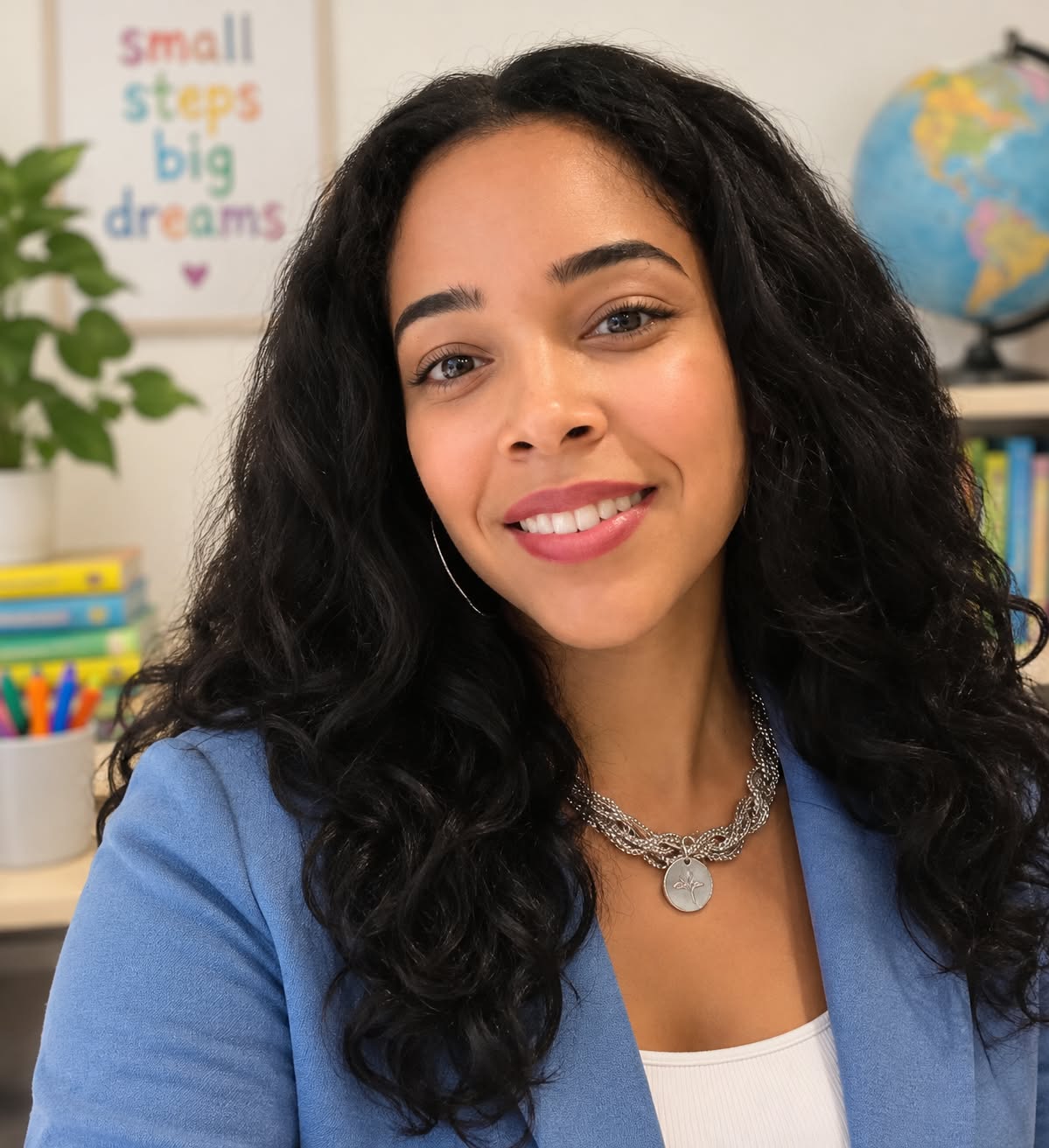 Ms. Manda smiling warmly in her classroom setting with colorful books and learning posters.