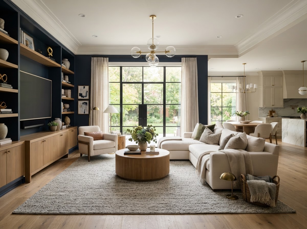 Sophisticated open-plan luxury living room with a deep navy accent wall