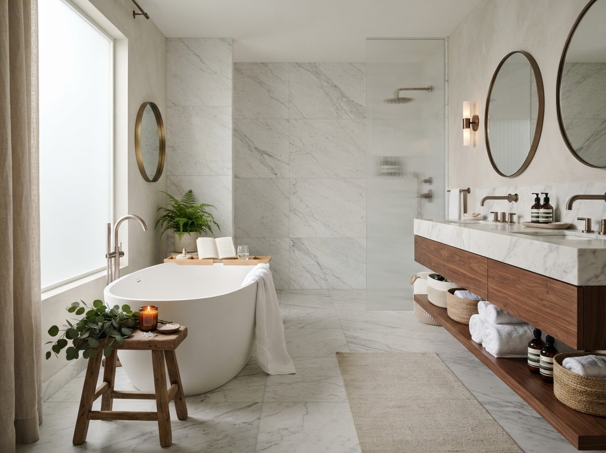 Serene spa-like luxury bathroom with a freestanding soaking tub and marble tile