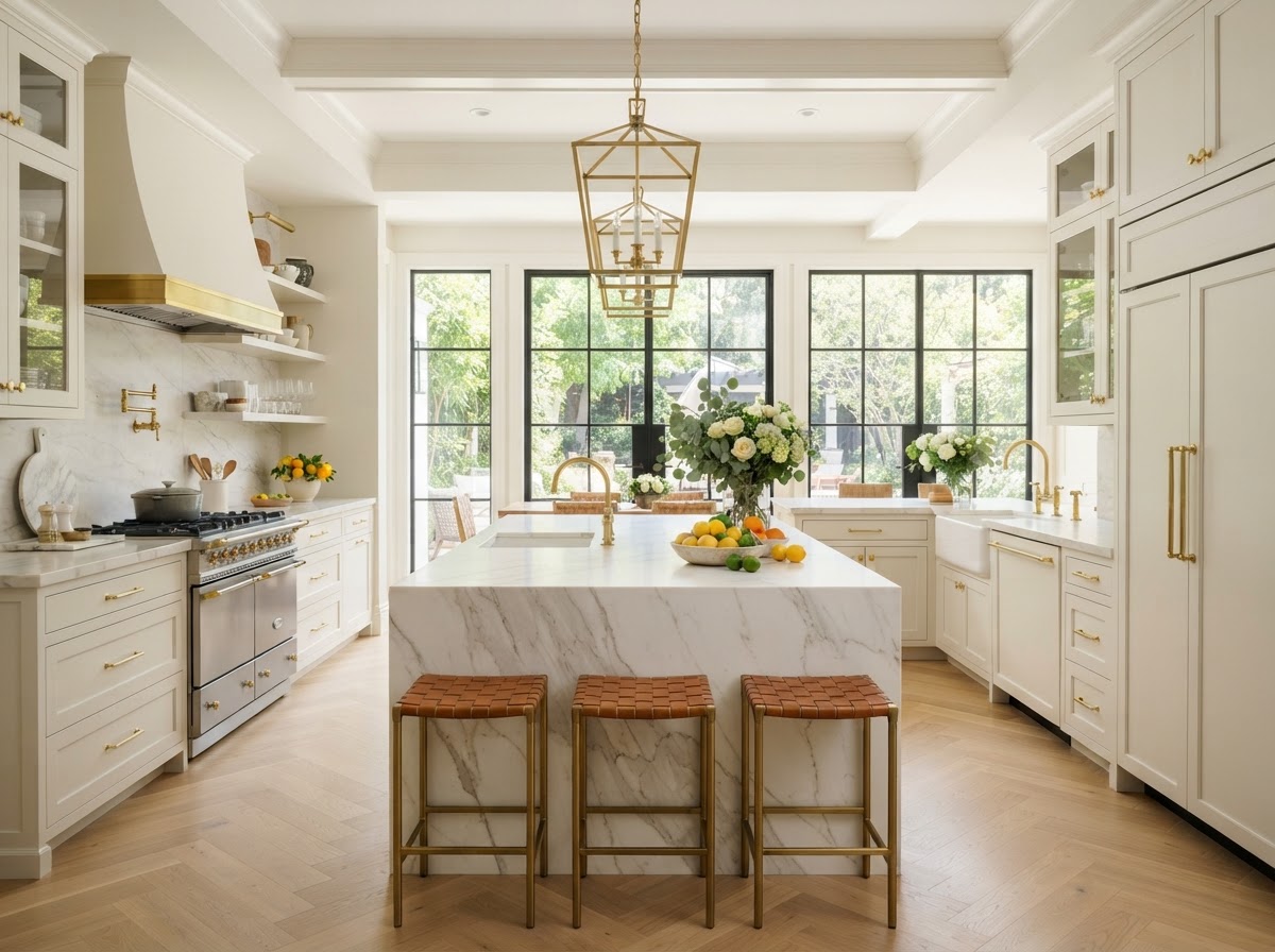 Bright luxury kitchen with a marble waterfall island and custom cabinetry