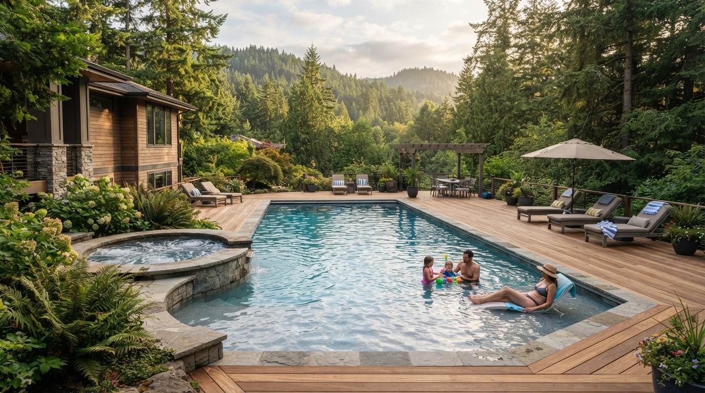 Family backyard pool in Redmond surrounded by tall Pacific Northwest evergreens