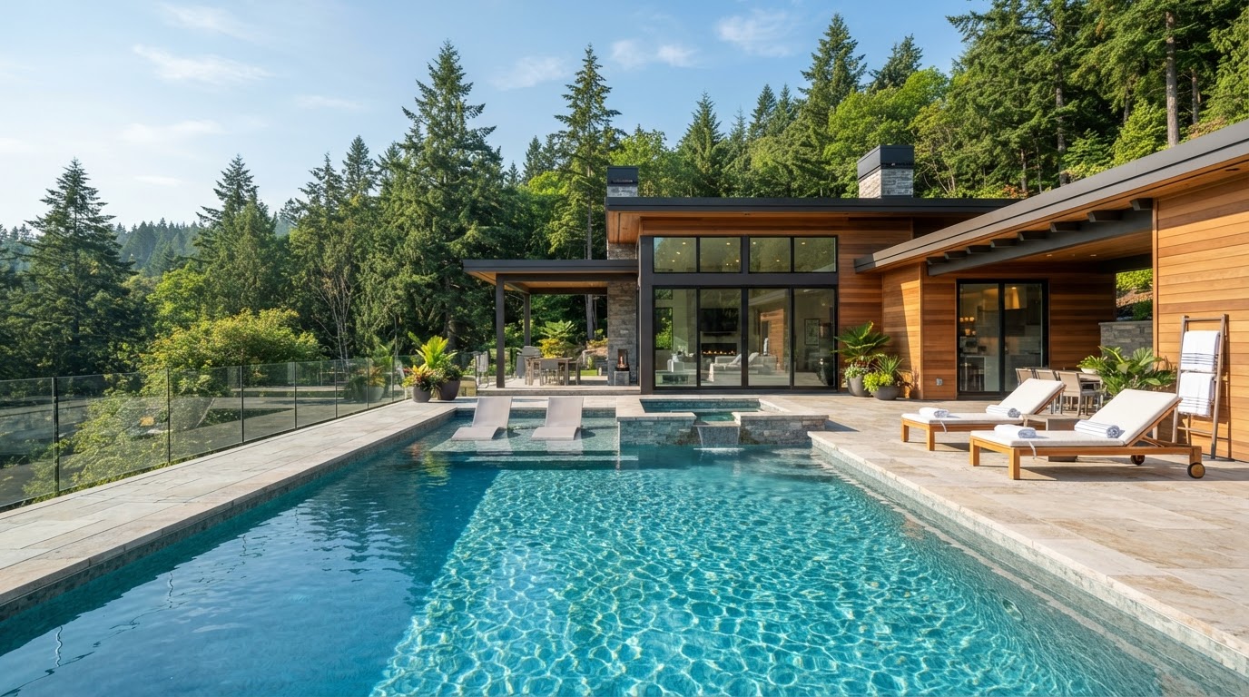 A sparkling clean residential pool beside a Pacific Northwest home on a bright morning