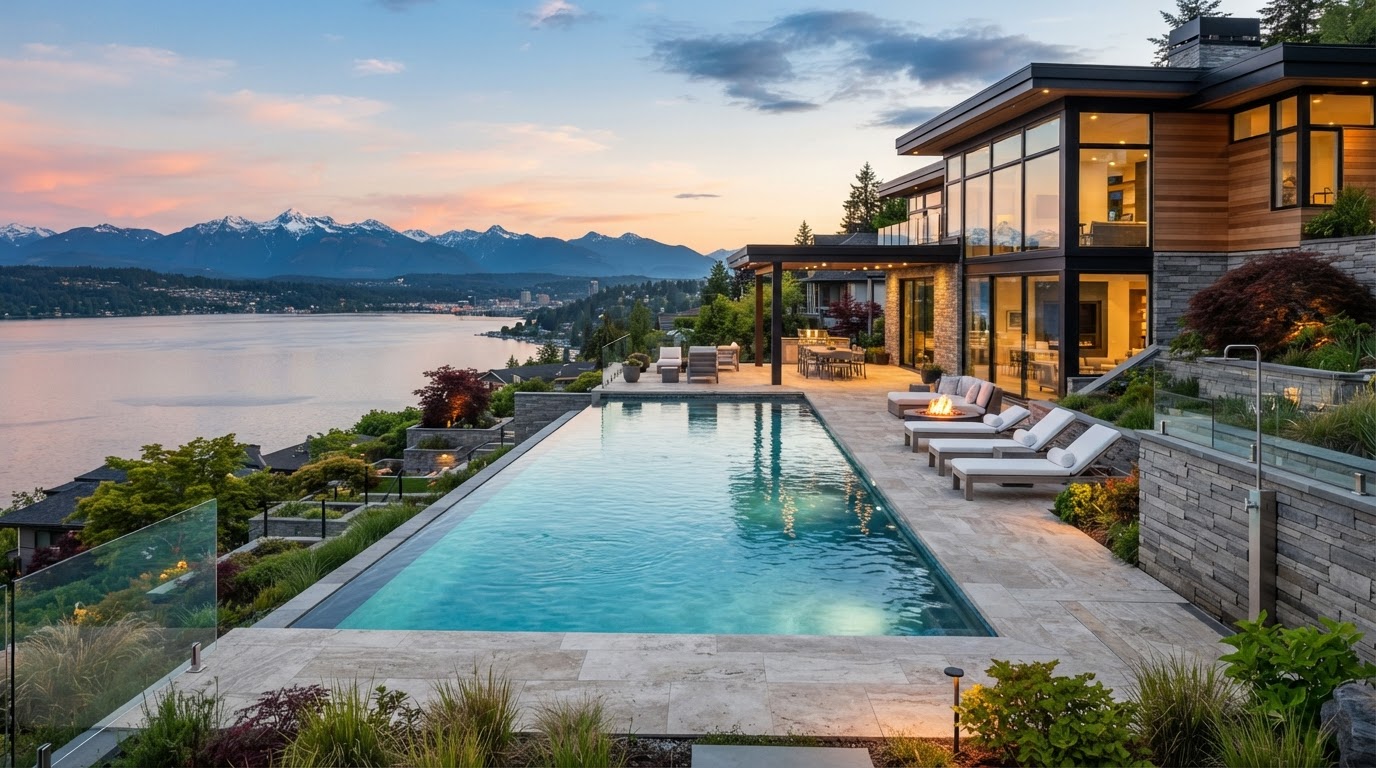 Hillside infinity pool in Bellevue overlooking Lake Washington and the Olympic Mountains