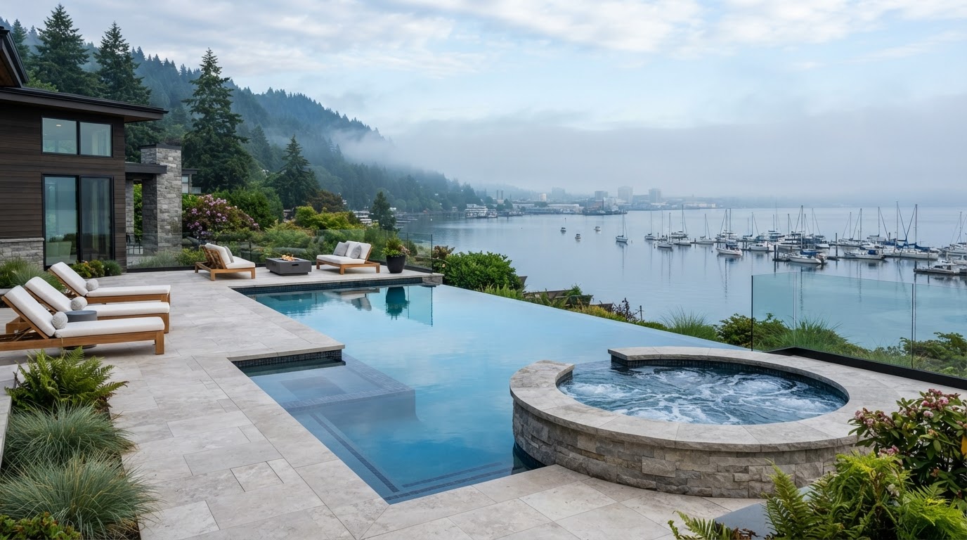 Pool and spa overlooking Port Gardner Bay in Everett with Puget Sound waterfront