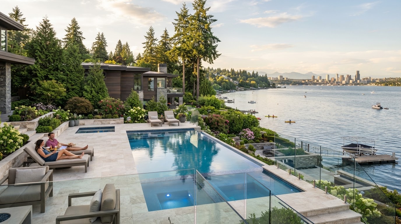 Lakeside pool overlooking Juanita Bay in Kirkland on Lake Washington