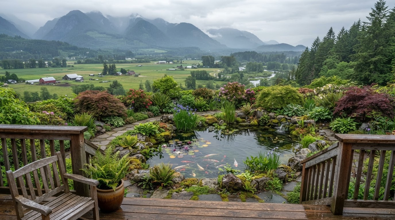 Backyard pond and water garden in the Snohomish river valley with Cascade foothills beyond