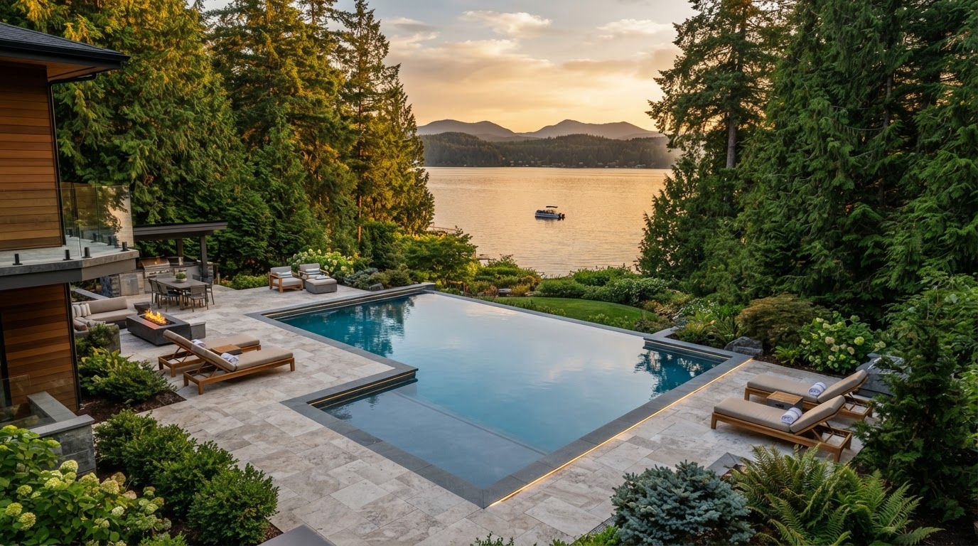 Residential pool overlooking Lake Stevens at golden hour, framed by evergreens