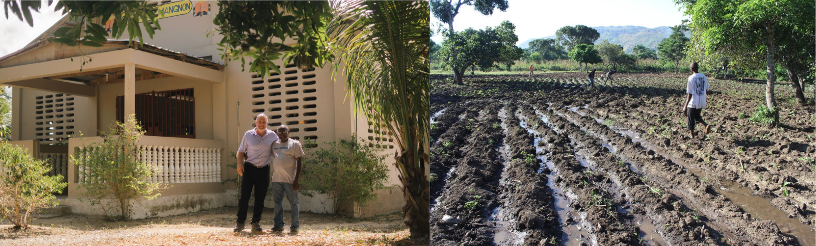 Brian Stout standing with local ministry partner in Haiti and rich irrigated farmland