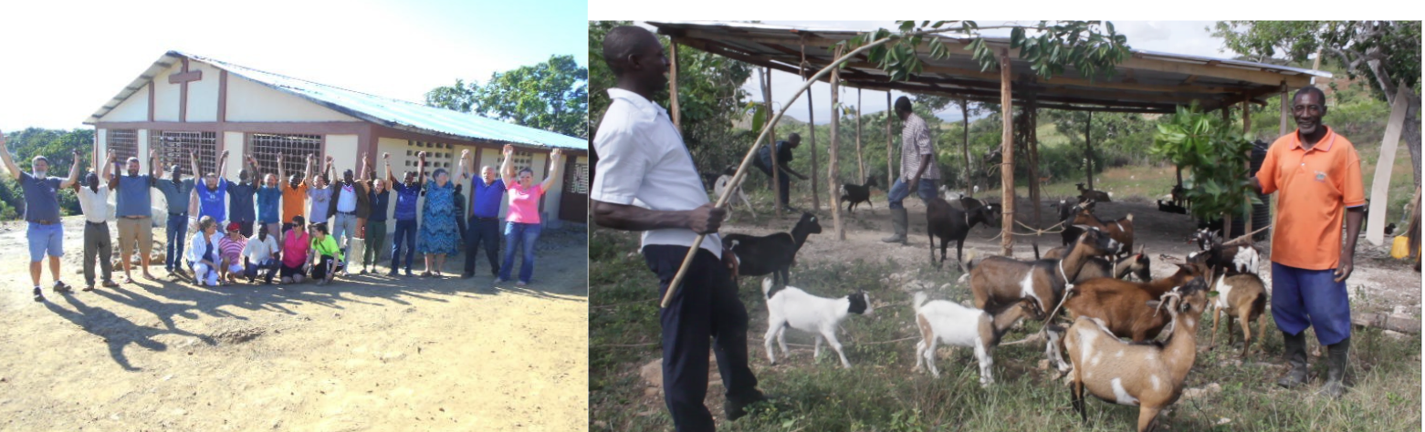 Mission team standing together outside the church building and community members at the sustainable goat farm