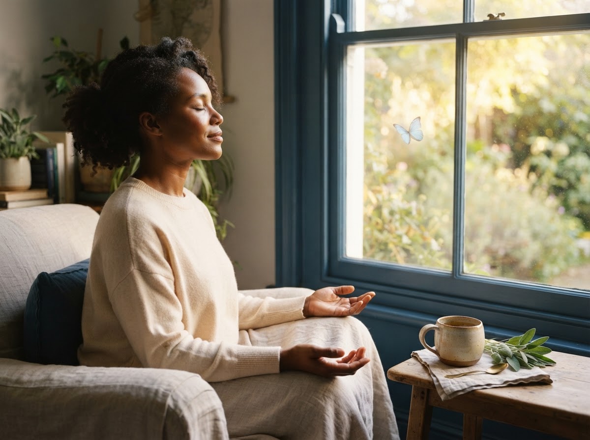 A melanated woman with rich brown skin resting in quiet stillness by a sunlit window, her open hands relaxed in her lap in sapphire-blue morning light, a luminous butterfly nearby and golden warmth catching a warm cup — release and renewal.