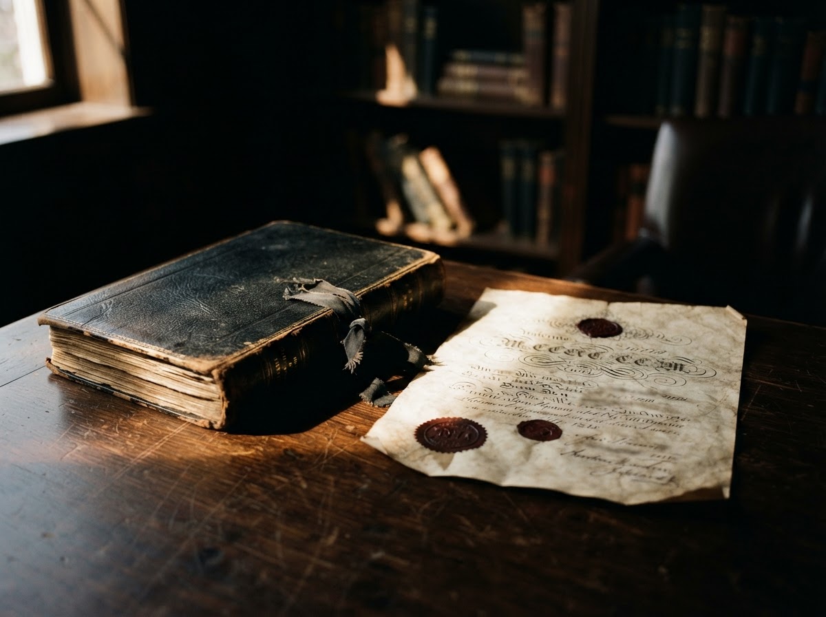 An archival chapter ledger and charter document resting on a dark walnut desk