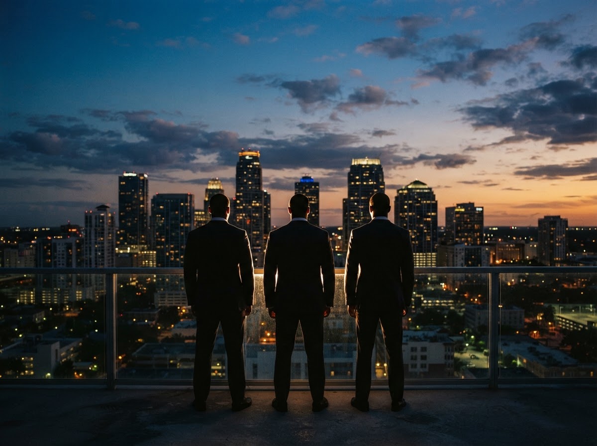 Three men in dark suits looking out over the Orlando skyline at dusk