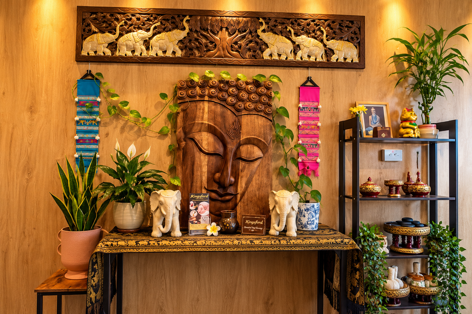 Traditional Thai hand-carved wood art and serene altar at Kingsford Remedial & Thai Massage