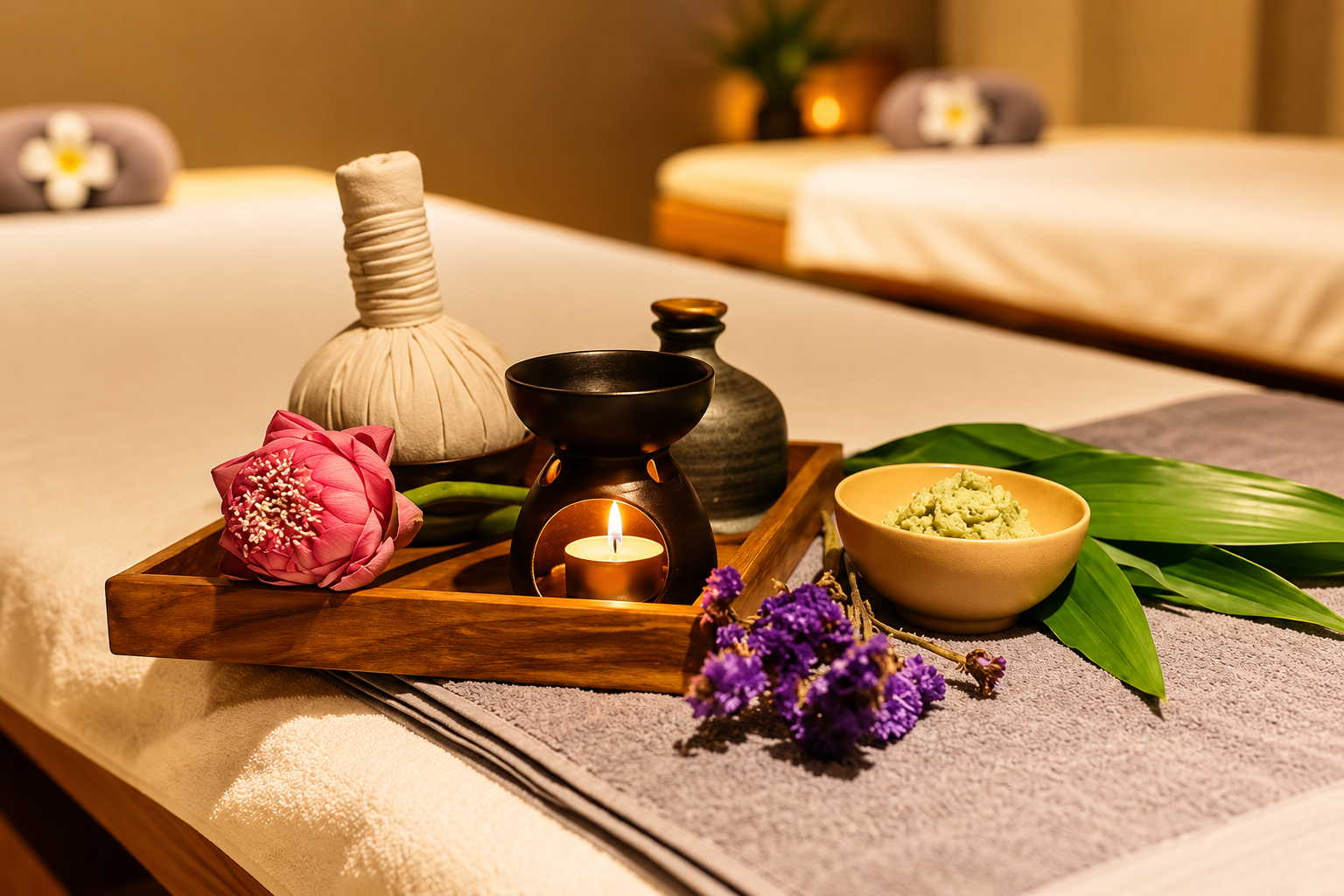 Massage table setup with warm oils, herbal compresses and candles