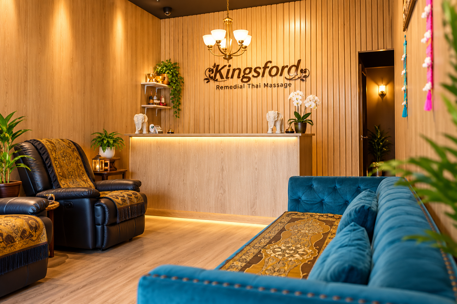 Kingsford Remedial & Thai Massage warm timber-clad reception lounge