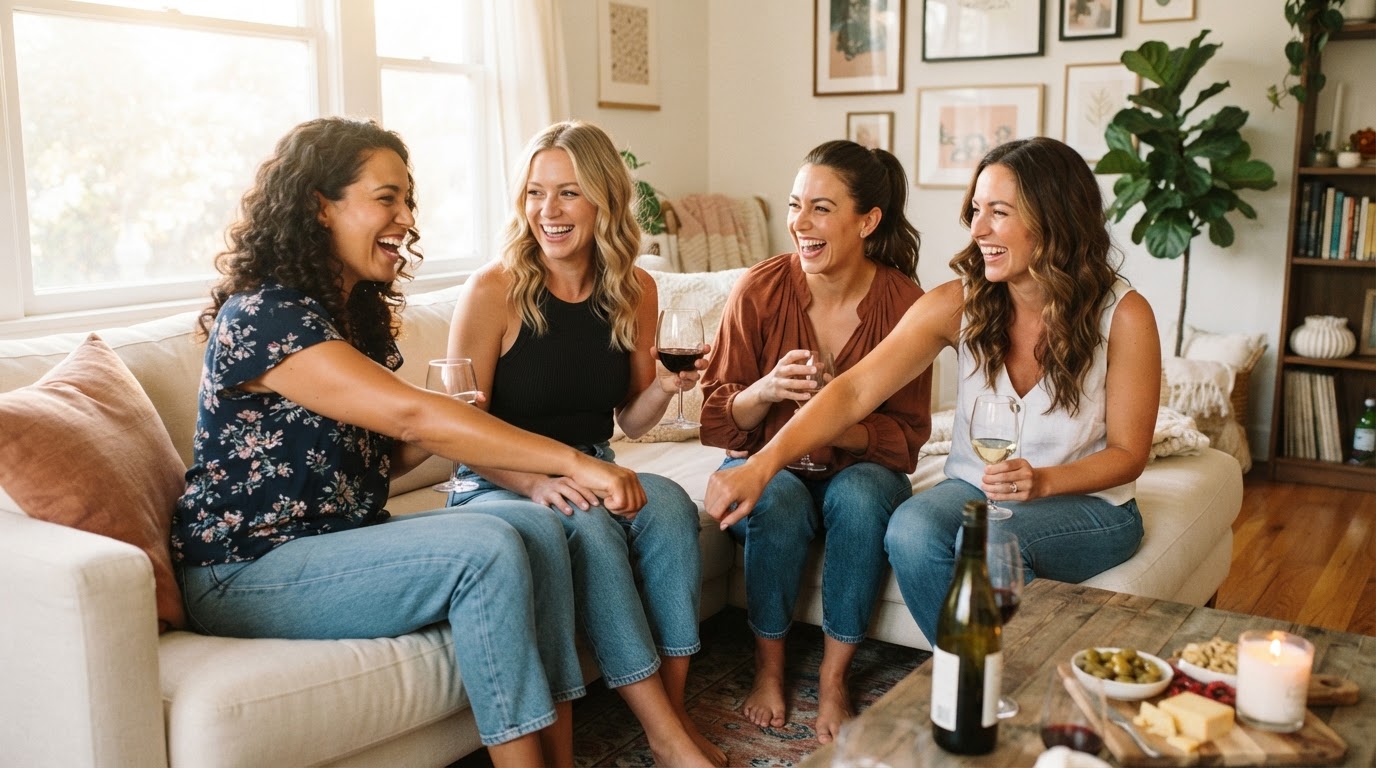 Four women in their thirties enjoying wine together at a girls night in, comparing their glowing spray tans