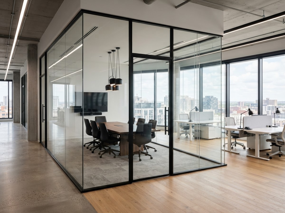 Custom glass partition detail in a refined interior
