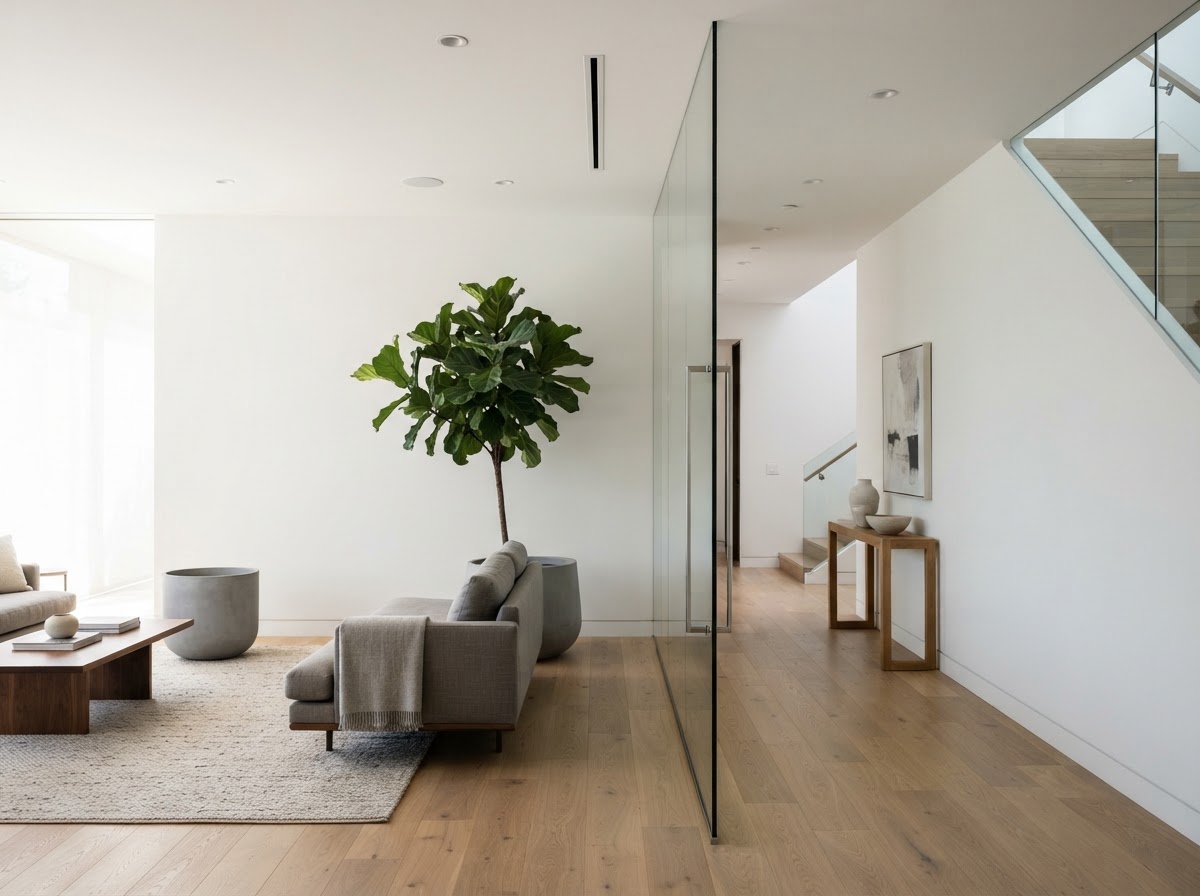 Custom interior glass partition in a bright room