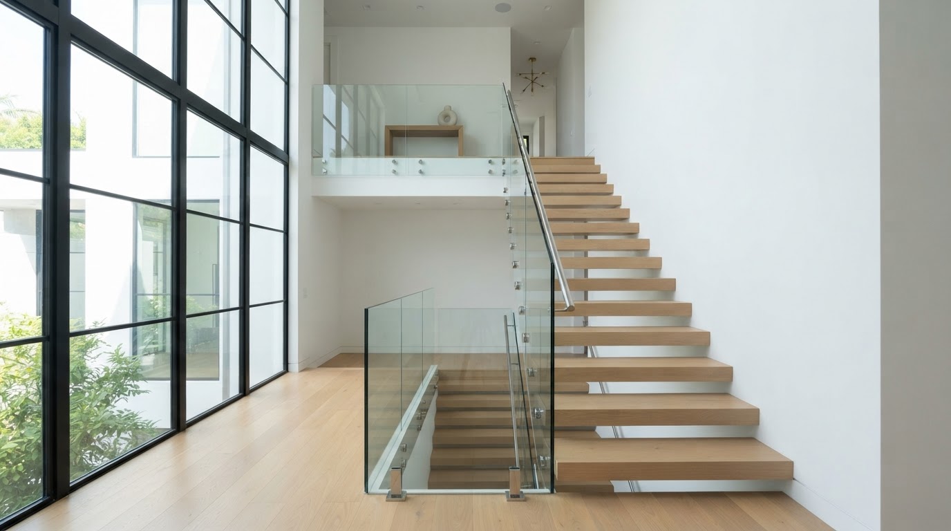Custom glass stair railing in a refined interior