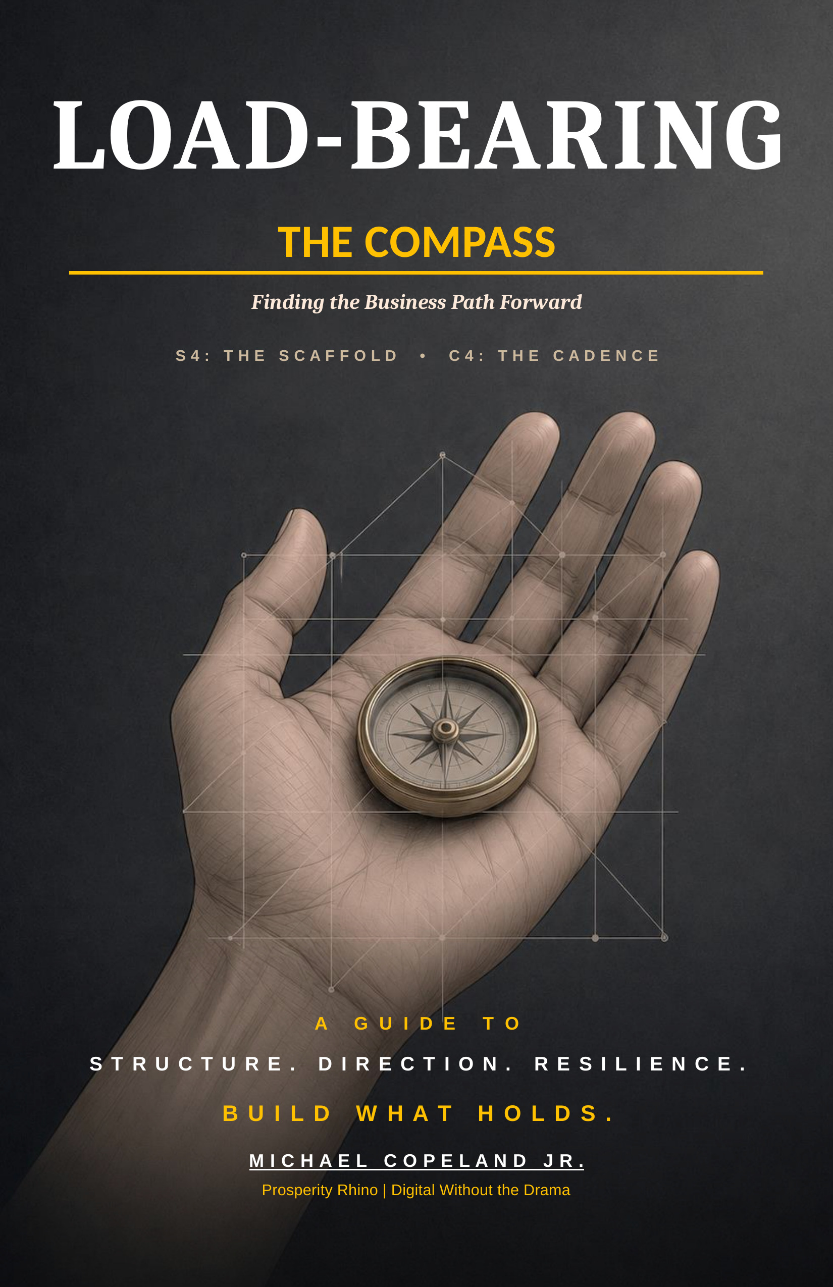 Cover of Load-Bearing: The Compass, by Michael Copeland Jr. A hand holds a compass over a blueprint grid.