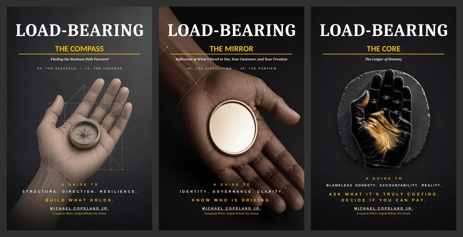 Load-Bearing series preview: The Compass, The Mirror, and The Core covers side by side.