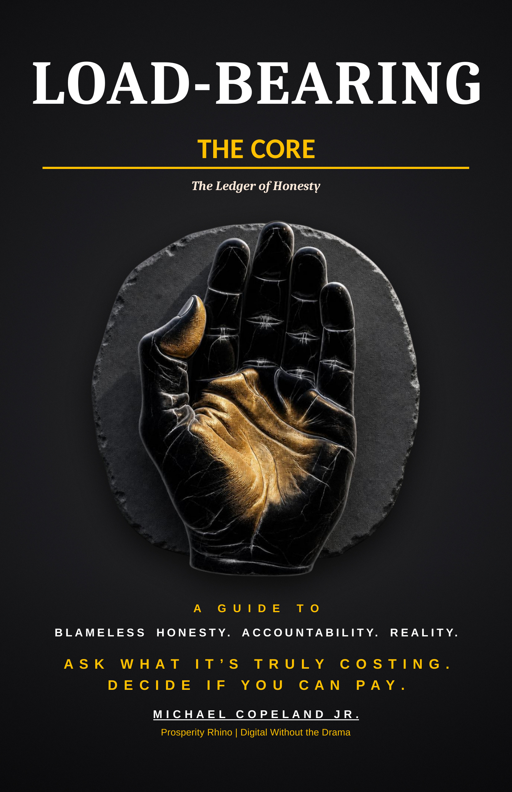 Cover of Load-Bearing: The Core, The Ledger of Honesty, by Michael Copeland Jr. A black marble hand with a gold thumb and palm on a stone disc.
