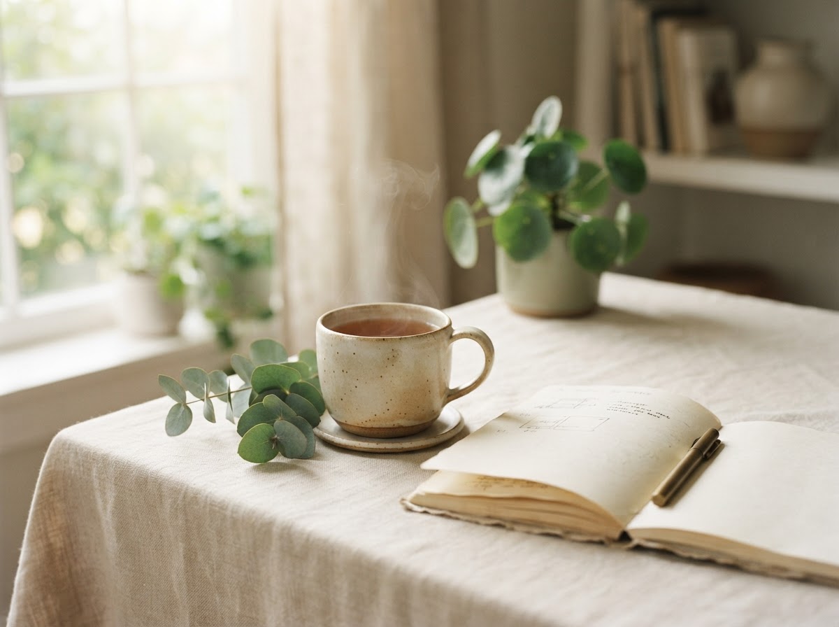 A calm still life — a cup of tea, a sprig of eucalyptus and an open notebook on a linen surface in soft morning light.