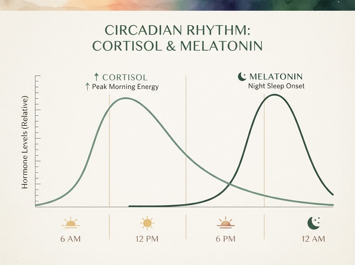 Cortisol and melatonin rhythm curve across a 24-hour day