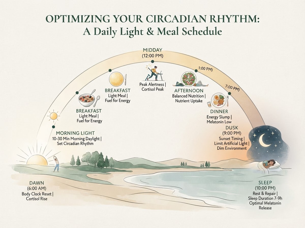 Body clock and light-timing arc from dawn to dusk and sleep