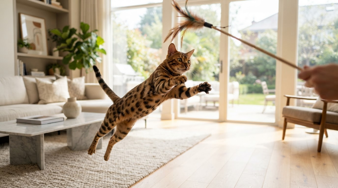 A Bengal cat mid-leap chasing a feather wand toy in a bright, airy living room