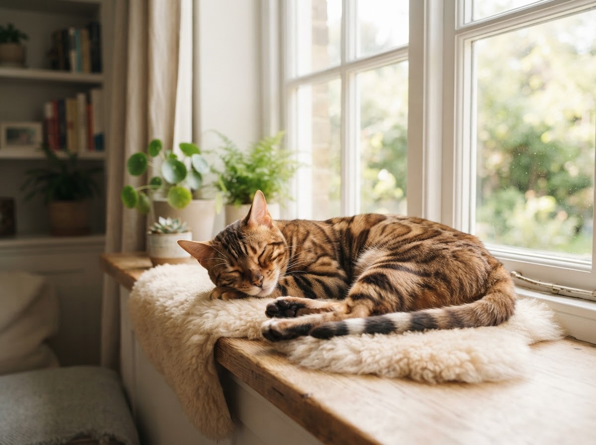 A serene Bengal cat resting on a sunny windowsill in a calm, bright home