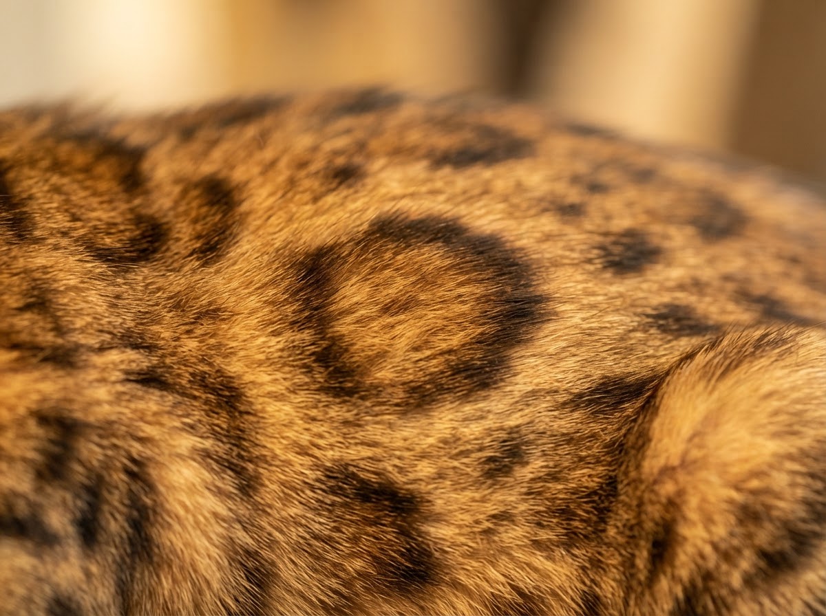 Extreme macro close-up of a Bengal cat's golden rosetted coat with crisp rosette and spotted markings