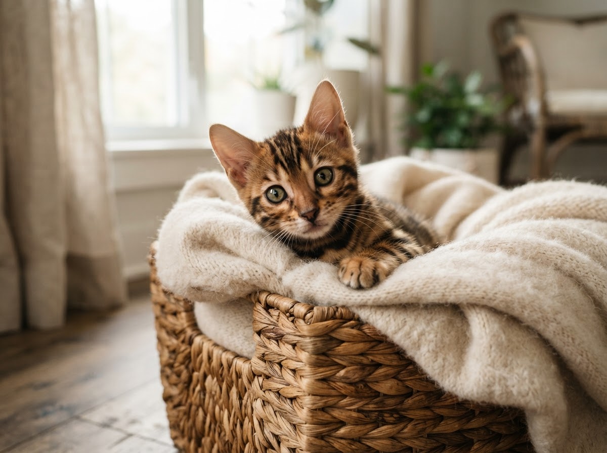 A young Bengal kitten peeking out of a cozy woven basket lined with soft blankets