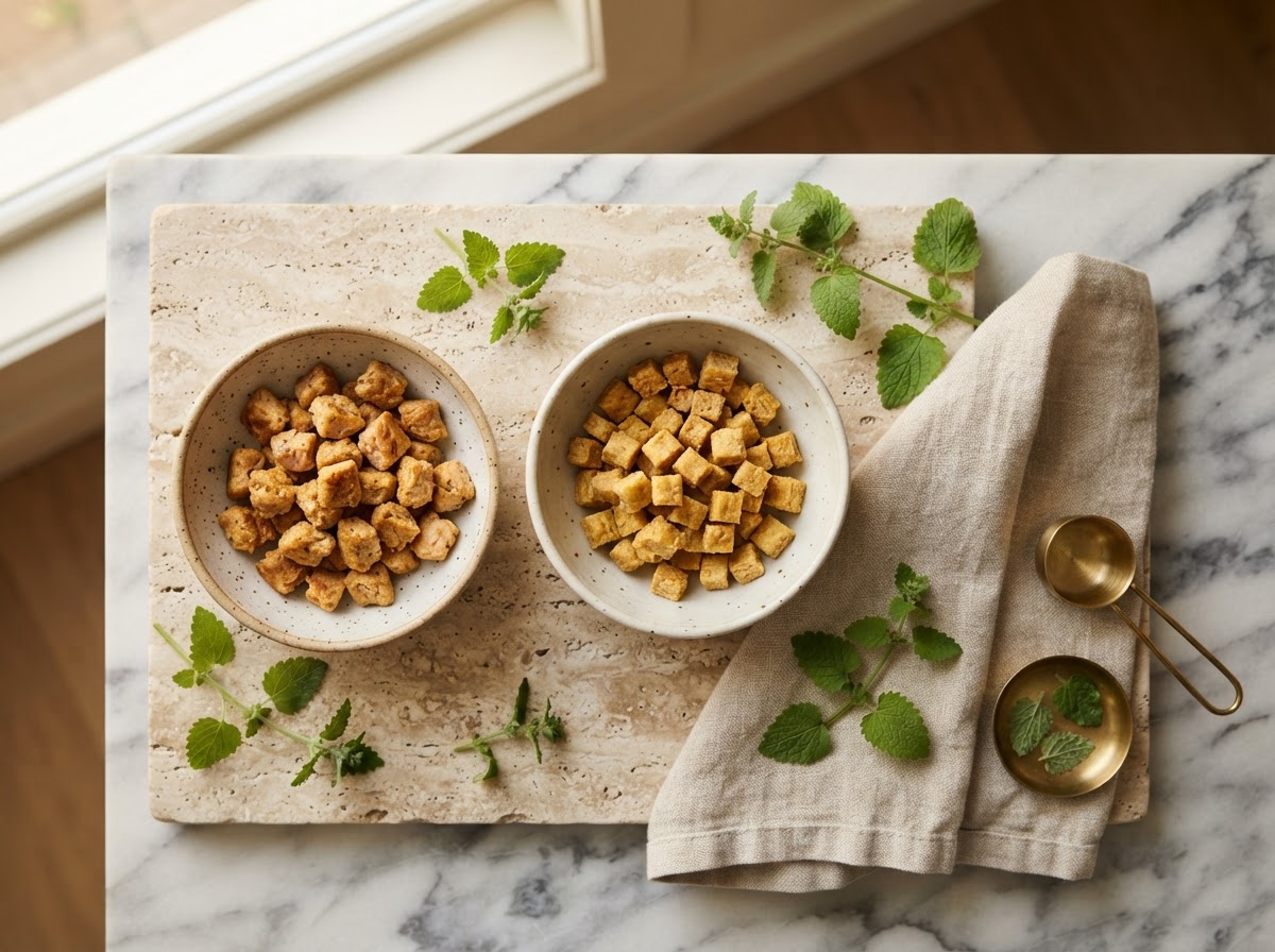 Overhead arrangement of homemade golden cat treats with salmon, chicken and catnip on a marble surface
