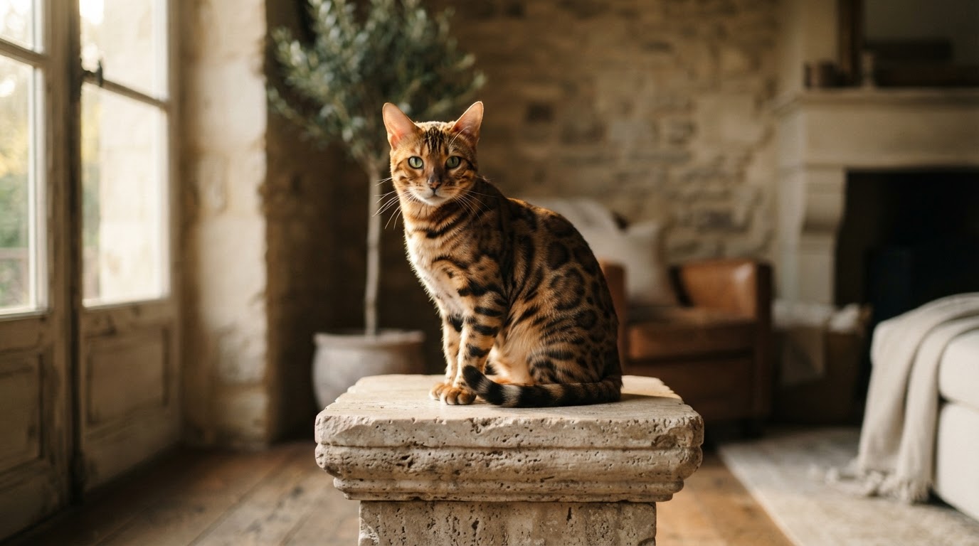 A golden rosetted Bengal cat resting on a travertine plinth in a sunlit room