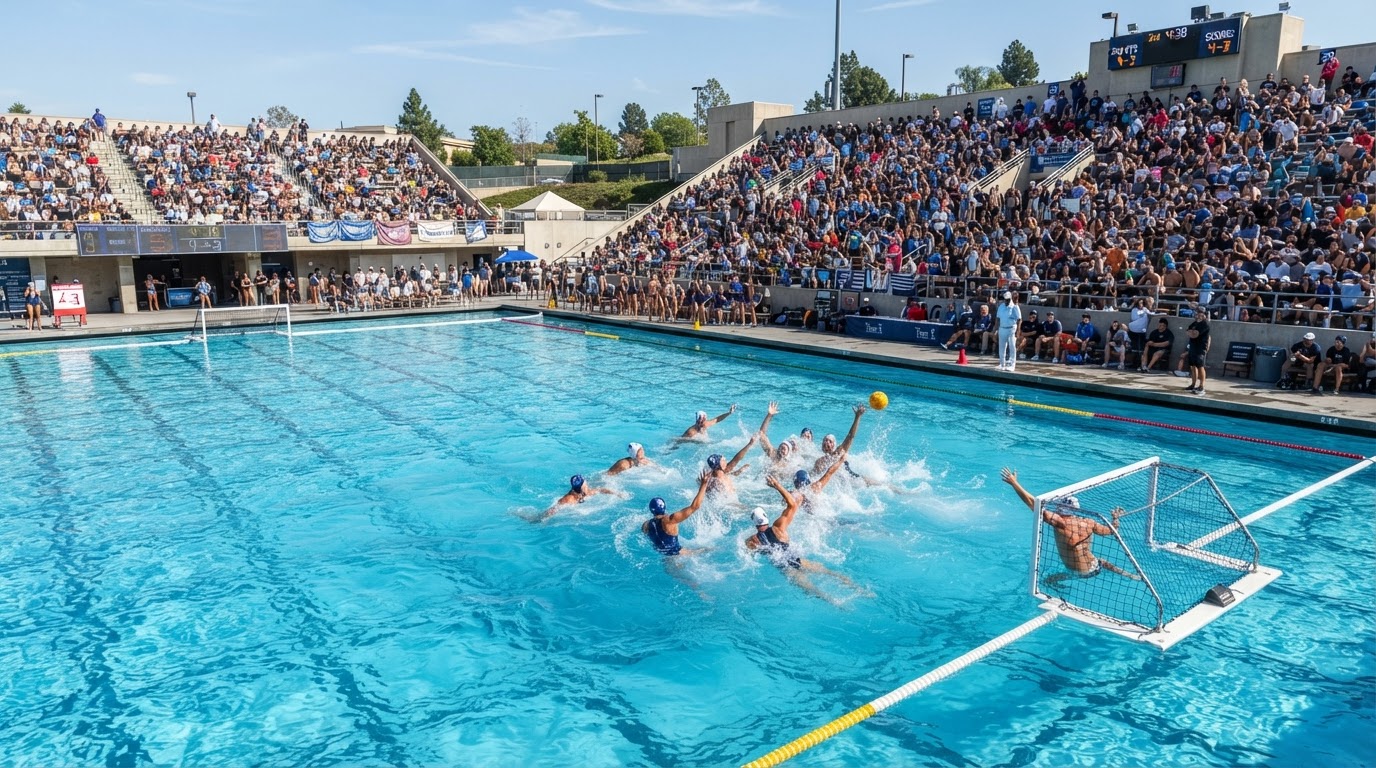 A competitive water polo tournament in an outdoor aquatic stadium