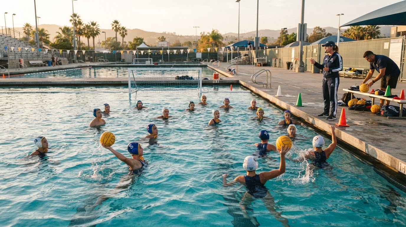 Athletes training in an outdoor Southern California pool during a water polo session