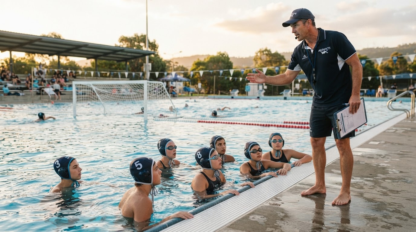 A water polo coach instructing athletes from the pool deck